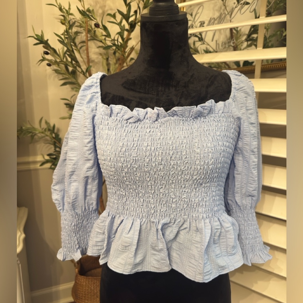Blue Puff Sleeve Smocked Blouse